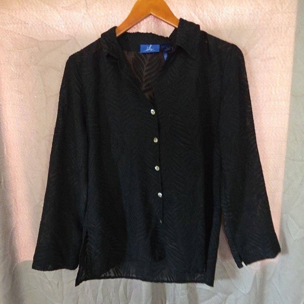 JH Collectibles Blouse Womens Medium Black Collared Sheer Floral Long Sleeve Top